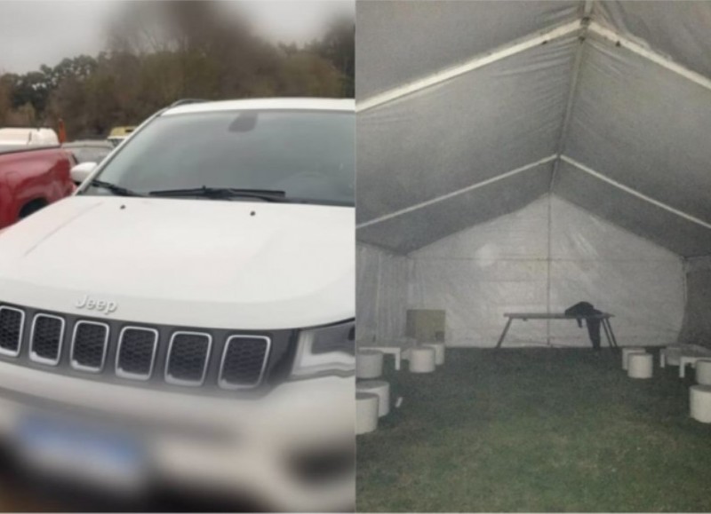 Uno de los autos secuestrados y uno de los gacebos donde se desarrollaba esta fiesta clandestina.